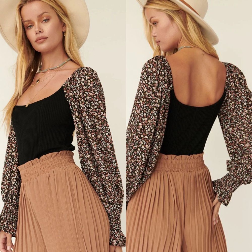 Nwt ribbed knit floral balloon sleeve bodysuit